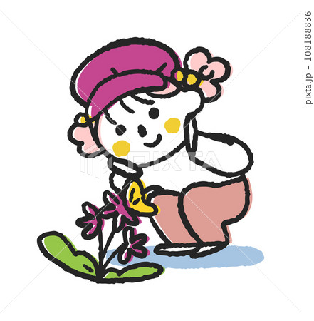 お花に止まる蝶々をじっと観察する小さい子供　イラスト素材 108188836