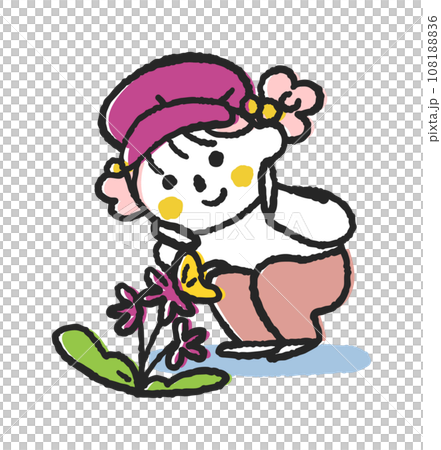 お花に止まる蝶々をじっと観察する小さい子供　イラスト素材 108188836