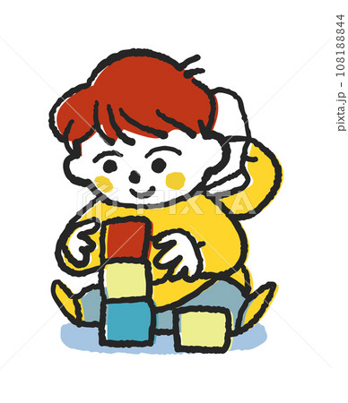 一心に積み木で遊ぶ小さい子供　イラスト素材 108188844