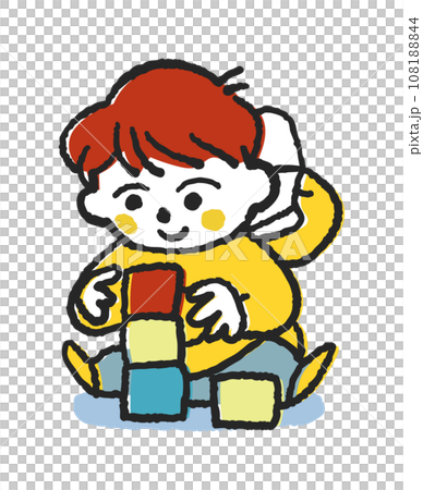 一心に積み木で遊ぶ小さい子供　イラスト素材 108188844