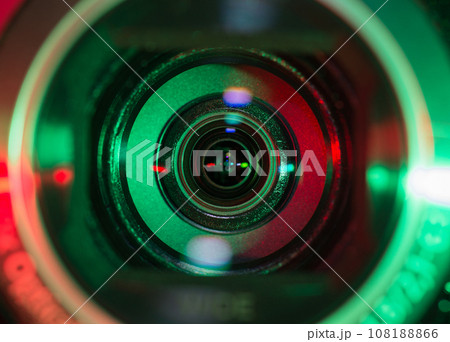 Video camera lens lit by red and green color light 108188866