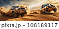 Two 4x4 off-road trucks racing bashing sand dunes in the desert. Generative AI 108189117