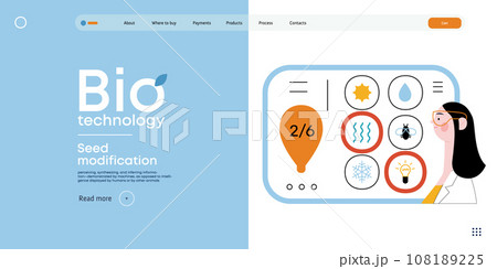 Bio Technology, Seed Modification -modern flat vector concept illustration of scientists choosing features for a seed, genetic modificated variants. Metaphor of direct impact of GMO on vegetation Bio Technology, Seed Modification -modern flat vector concept illustration of scientists choosing features for a seed, genetic modificated variants. Metaphor of direct impact of GMO on vegetation 108189225