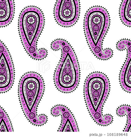 Seamless pattern with pink Paisley motifs on white background 108189648