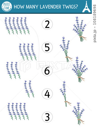 Match the numbers game with lavender bunch. Math activity for preschool kids with traditional French flower. France plant educational counting worksheet. How many twigs page for children Match the numbers game with lavender bunch. Math activity for preschool kids with traditional French flower. France plant educational counting worksheet. How many twigs page for children 108189698