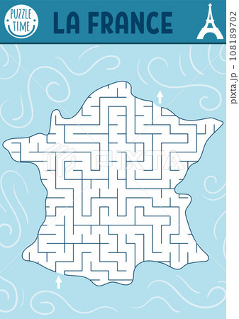 Maze for kids with map of France. French preschool printable activity for children. Geometric labyrinth game or puzzle with country plan Maze for kids with map of France. French preschool printable activity for children. Geometric labyrinth game or puzzle with country plan 108189702