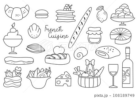 French black and white food vector set. Collection with baguette, croissant, wine, eclair, cookie, cakes. Cute bakery of France line icons with cheese, wine, basket, pies, mousse, macaroon French black and white food vector set. Collection with baguette, croissant, wine, eclair, cookie, cakes. Cute bakery of France line icons with cheese, wine, basket, pies, mousse, macaroon 108189749