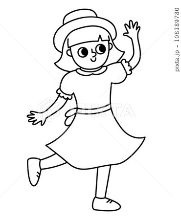 Black and white dancing girl in beautiful dress and hat. Vector line illustration of woman. Cute character icon or coloring page 108189780