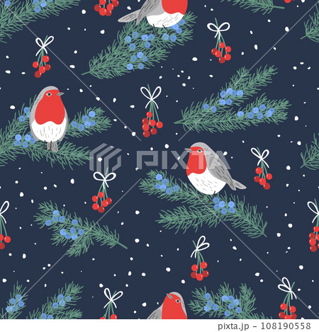 Seamless pattern with hand drawn juniper twigs and robbin birds Seamless pattern with hand drawn juniper twigs and robbin birds 108190558
