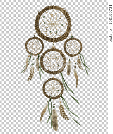 Dreamcatcher on isolated background. Watercolor illustration of Dream Catcher or hunter. Hand drawn clip art of vintage sleep amulet with feathers. Drawing in boho style for greeting cards and prints. 108190731