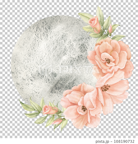 Floral blooming moon. Watercolor hand drawn illustration of Full Luna and rose Flowers for icon or logo. Celestial drawing in pastel colors for astrological element. Astrological sketch. 108190732