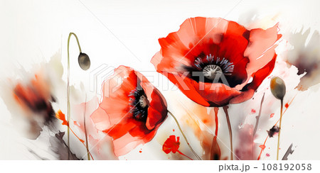 Red blooming poppy flowers in watercolor painting style. Generative AI. Red blooming poppy flowers in watercolor painting style. Generative AI. 108192058