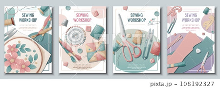 Set of flyer templates with sewing supplies. Background, poster, banner for a sewing workshop, atelier, tailoring courses, tailoring 108192327