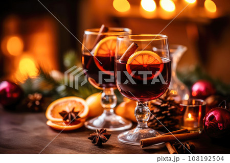 Christmas Mulled Red Wine with Orange and Spices. Generative AI.	 108192504