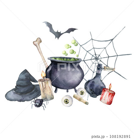 Watercolor Halloween card of hat, cauldron, candle and bat. Hand painted holiday template with spider web and bones isolated on white background. Illustration for design, print, fabric or background. 108192891