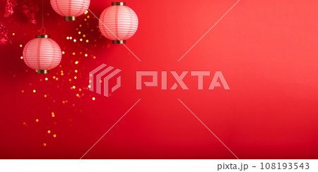 Red minimalistic background with Chinese lanterns. Chinese New Year celebration. AI content. 108193543