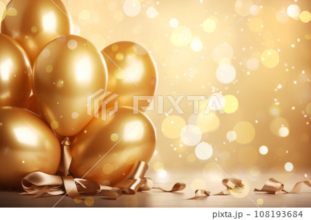 Festive background with golden balls and boke lights. AI content. 108193684