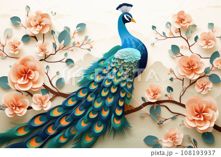 Peacock on a branch with flowers 108193937