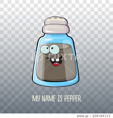 Vector cartoon pepper shaker with smiling faces isolated on transparent background. Funky Kawaii pepper character. My name is pepper concept illustration for printing on tee 108194123