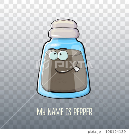 Vector cartoon pepper shaker with smiling faces isolated on transparent background. Funky Kawaii pepper character. My name is pepper concept illustration for printing on tee 108194129