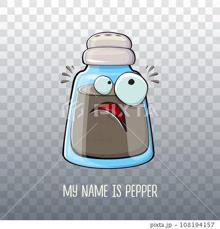 Vector cartoon pepper shaker with smiling faces isolated on transparent background. Funky Kawaii pepper character. My name is pepper concept illustration for printing on tee Vector cartoon pepper shaker with smiling faces isolated on transparent background. Funky Kawaii pepper character. My name is pepper concept illustration for printing on tee 108194157