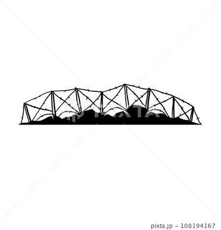 Barbed wire. Silhouette of military barricades. Defensive fortifications. Scenery of modern military conflict. Black illustration isolated on white 108194167