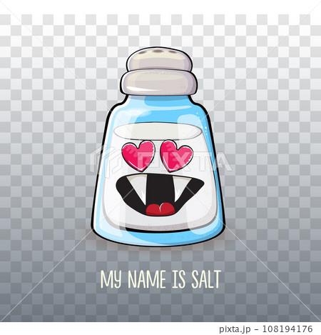 Cute cartoon salt shaker with smiling faces isolated on transparent background. Funky Kawaii salt character. My name is salt concept illustration for printing on tee Cute cartoon salt shaker with smiling faces isolated on transparent background. Funky Kawaii salt character. My name is salt concept illustration for printing on tee 108194176