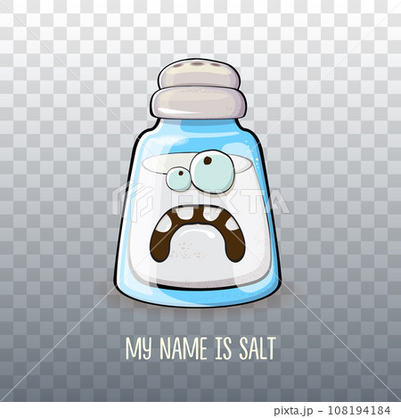Cute cartoon salt shaker with smiling faces isolated on transparent background. Funky Kawaii salt character. My name is salt concept illustration for printing on tee 108194184
