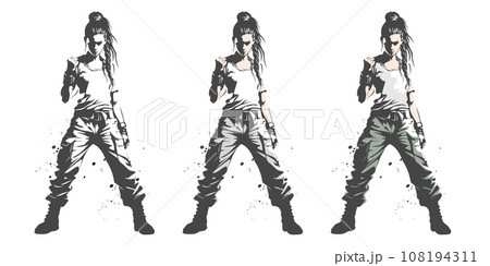 Girl in military style clothes raises a clenched fist Girl in military style clothes raises a clenched fist 108194311
