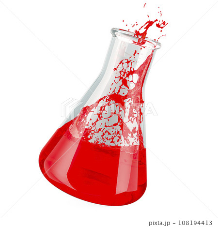 Chemical flask with red liquid and splash, 3D rendering Chemical flask with red liquid and splash, 3D rendering 108194413