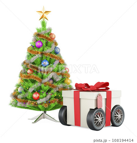 Christmas tree with gift box on wheels, fast gift delivery concept. 3D rendering Christmas tree with gift box on wheels, fast gift delivery concept. 3D rendering 108194414