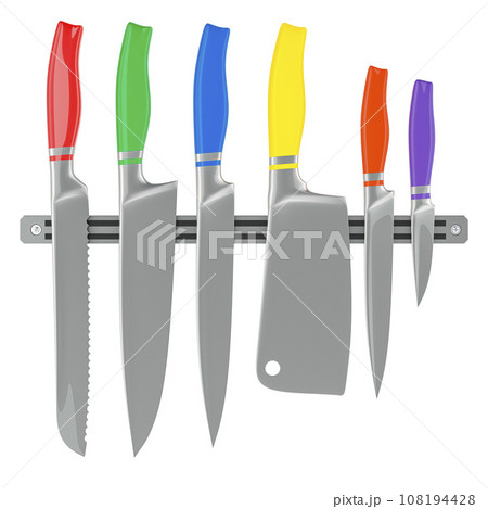 Kitchen knives with colored handles on magnetic holder, 3D rendering Kitchen knives with colored handles on magnetic holder, 3D rendering 108194428