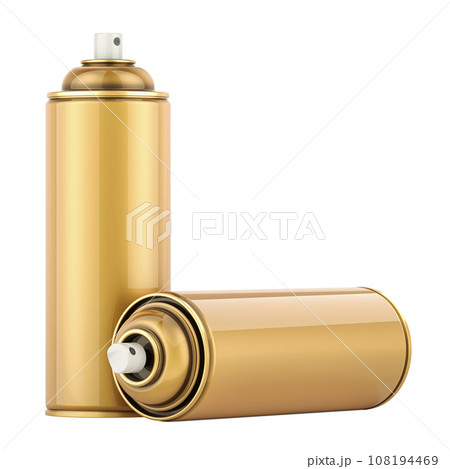 Golden spray paint cans, 3D rendering 108194469