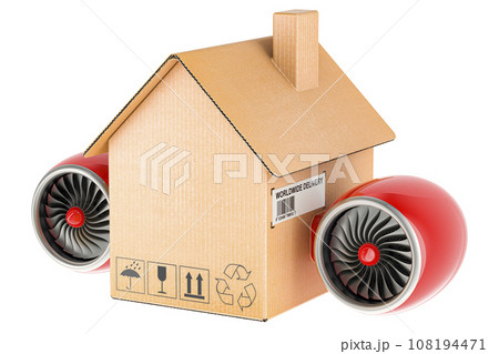 House with jet engines. Fast household moving services, concept. 3D rendering 108194471