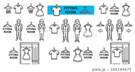 Man woman fitting or changing room, person try clothing in store line icon set. Male and female public dressing cabin. Clothes hanger. Buy dress, t-shirt in shop. Wardrobe rack. Cloakroom sign vector 108194675