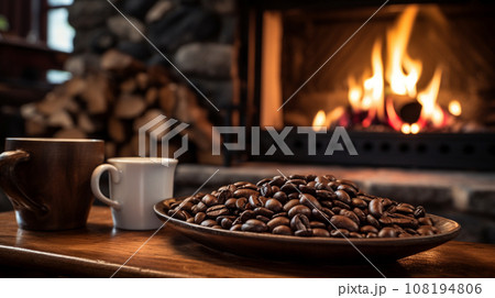 暖炉とコーヒー豆の背景画像01 108194806