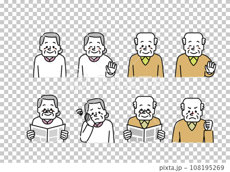 各種表情的祖父和祖母的插圖集（微笑、讀報紙、失望、憤怒） 108195269