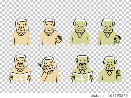 各種表情的祖父和祖母的插圖集（微笑、讀報紙、失望、憤怒） 108195270