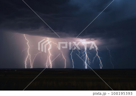 Dramatic lightning storm strikes a vast field at night, illuminating the sky with stunning beauty. AI Generative 108195393