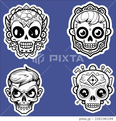 Four Skulls with Different Designs on Blue Background 108196199