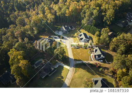 Aerial view of classical american homes in South Carolina residential area. New family houses as example of real estate development in USA suburbs 108197310