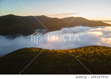 Aerial view of bright foggy morning over dark mountain forest trees at autumn sunrise. Beautiful scenery of wild woodland at dawn 108197440