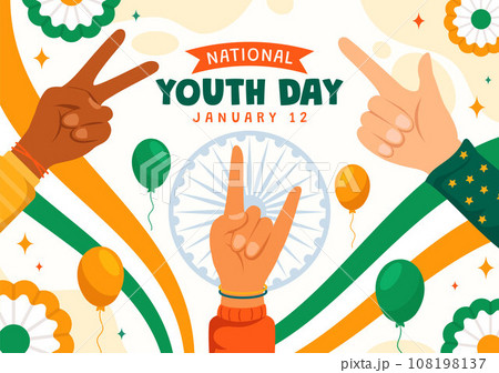 Happy International Youth Day of India Vector Illustration with Indian Flag and Young Boys or Girls Togetherness in Flat Kids Cartoon Background 108198137