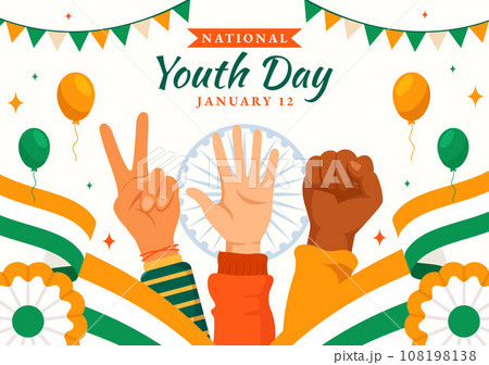 Happy International Youth Day of India Vector Illustration with Indian Flag and Young Boys or Girls Togetherness in Flat Kids Cartoon Background 108198138