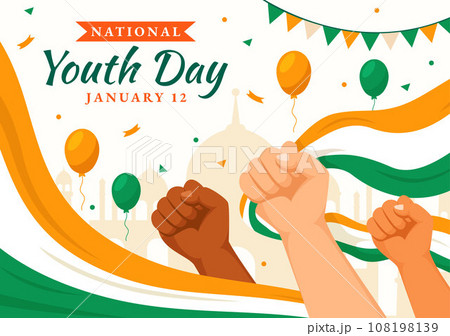 Happy International Youth Day of India Vector Illustration with Indian Flag and Young Boys or Girls Togetherness in Flat Kids Cartoon Background Happy International Youth Day of India Vector Illustration with Indian Flag and Young Boys or Girls Togetherness in Flat Kids Cartoon Background 108198139