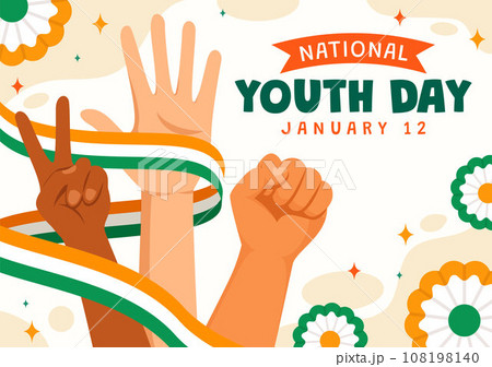 Happy International Youth Day of India Vector Illustration with Indian Flag and Young Boys or Girls Togetherness in Flat Kids Cartoon Background 108198140