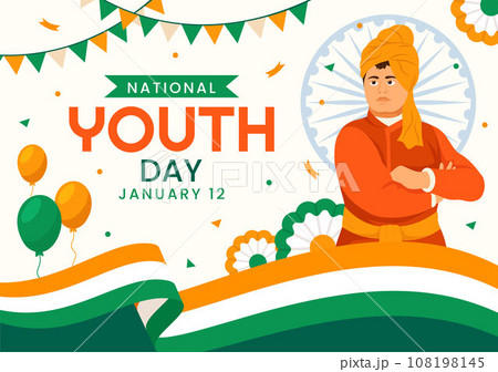 Happy International Youth Day of India Vector Illustration with Indian Flag and Young Boys or Girls Togetherness in Flat Kids Cartoon Background 108198145