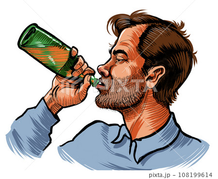 Alcoholic man drinking a bottle of beer. Hand-drawn ink on paper and hand-colored on tablet 108199614