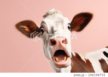 Funny surprised cow studio shot isolated bright color background 108199735