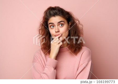 Cute girl looking at copy space touching chin hand thinking isolated pastel color background Cute girl looking at copy space touching chin hand thinking isolated pastel color background 108199773